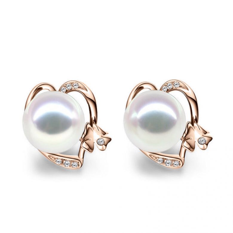 Boucles d'oreilles clous - Perles Akoya - Or rose et Diamants - 1