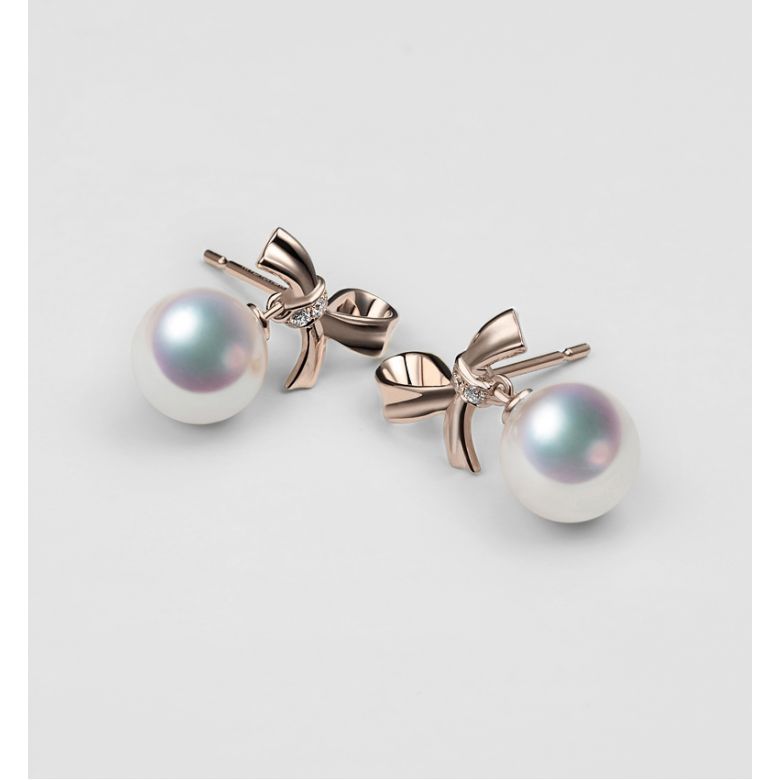 Boucles oreilles perles Akoya. Or rose, diamants. Rubans, ganses - 3