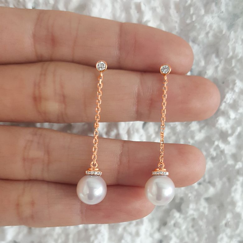 Pendantes chainette forçat. Perles Akoya Or rose et diamants - 2