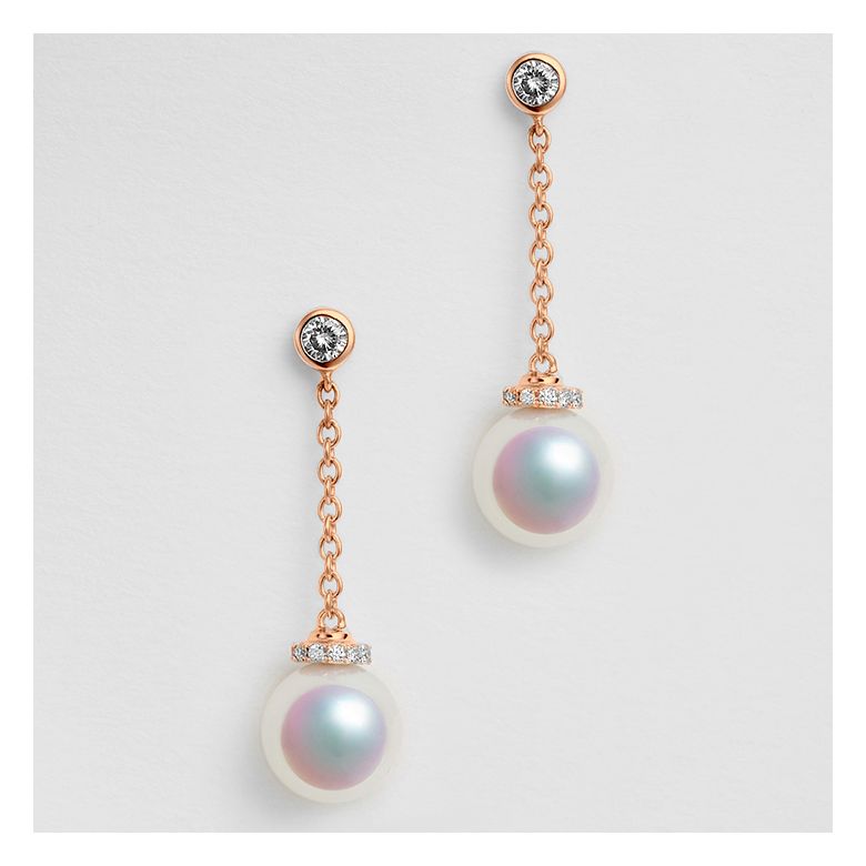 Pendantes chainette forçat. Perles Akoya Or rose et diamants - 5