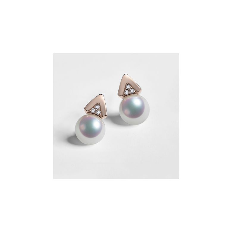 Boucles oreilles triangulaires. Perles Akoya Japon, Or rose, Diamants - 1