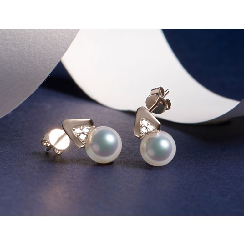 Boucles oreilles triangulaires. Perles Akoya Japon, Or rose, Diamants - 2