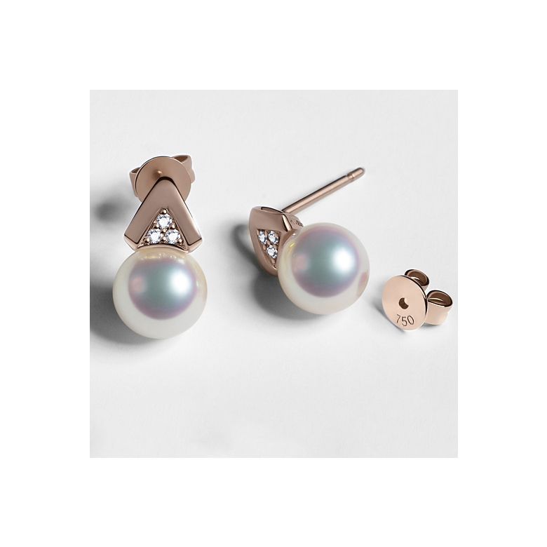 Boucles oreilles triangulaires. Perles Akoya Japon, Or rose, Diamants - 3