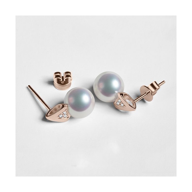 Boucles oreilles triangulaires. Perles Akoya Japon, Or rose, Diamants - 4