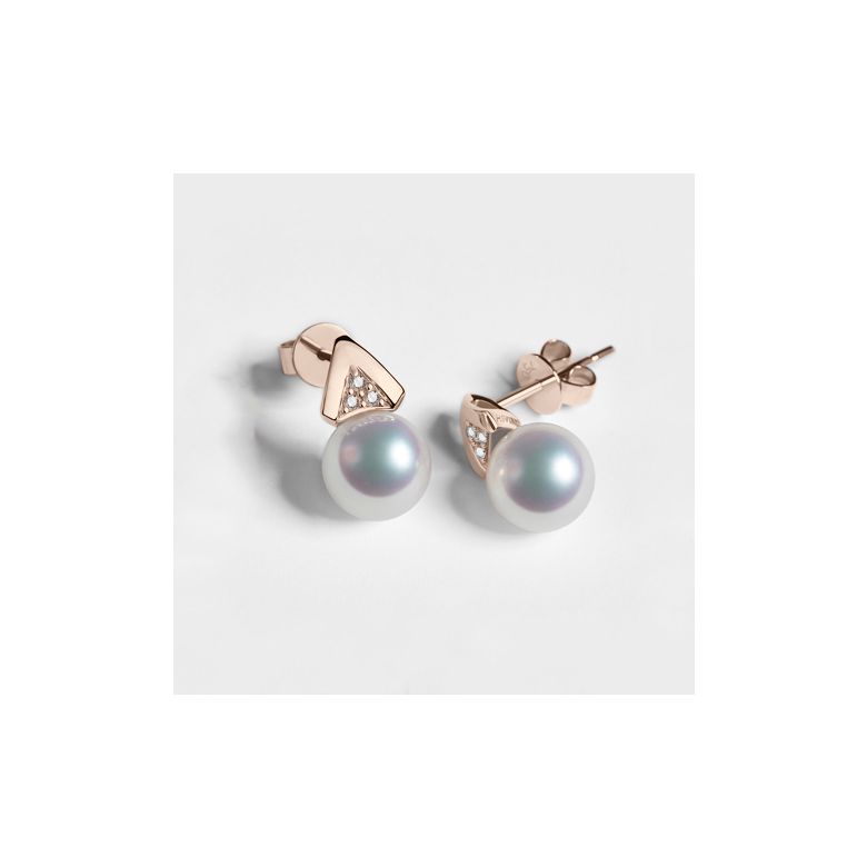 Boucles oreilles triangulaires. Perles Akoya Japon, Or rose, Diamants - 5