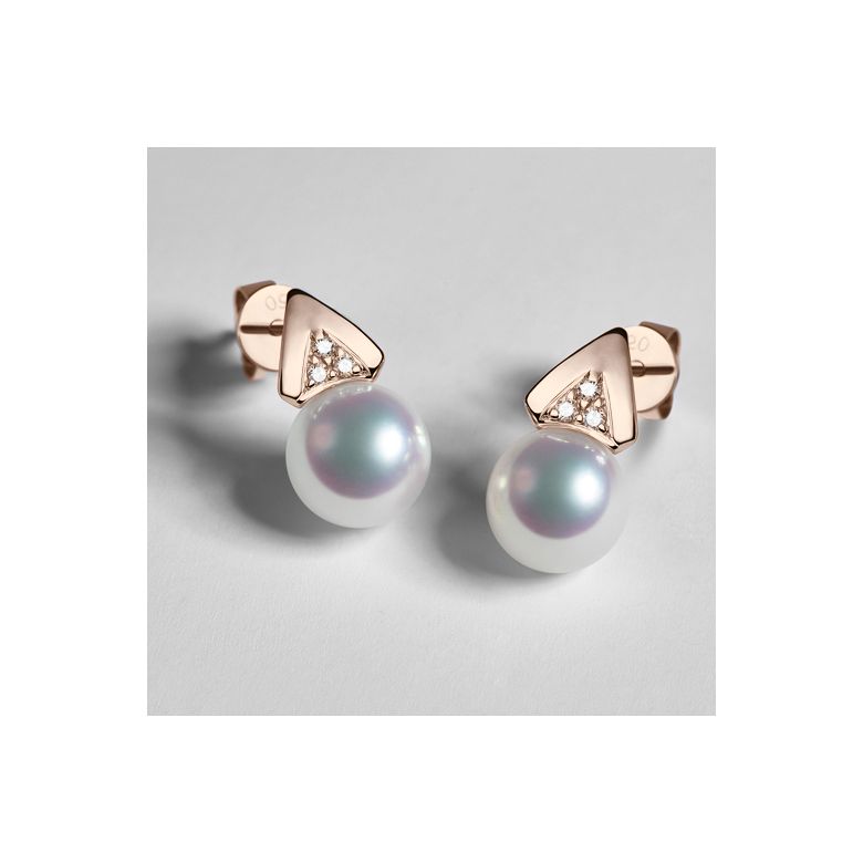 Boucles oreilles triangulaires. Perles Akoya Japon, Or rose, Diamants - 6