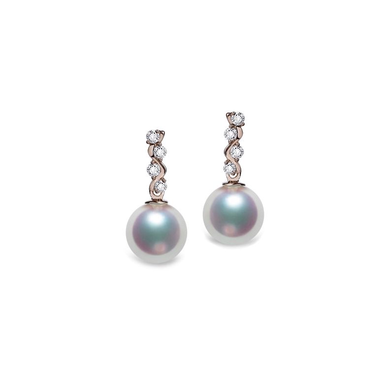 Pendants oreilles Miya. Perles Akoya Japon. Or rose, diamants - 1