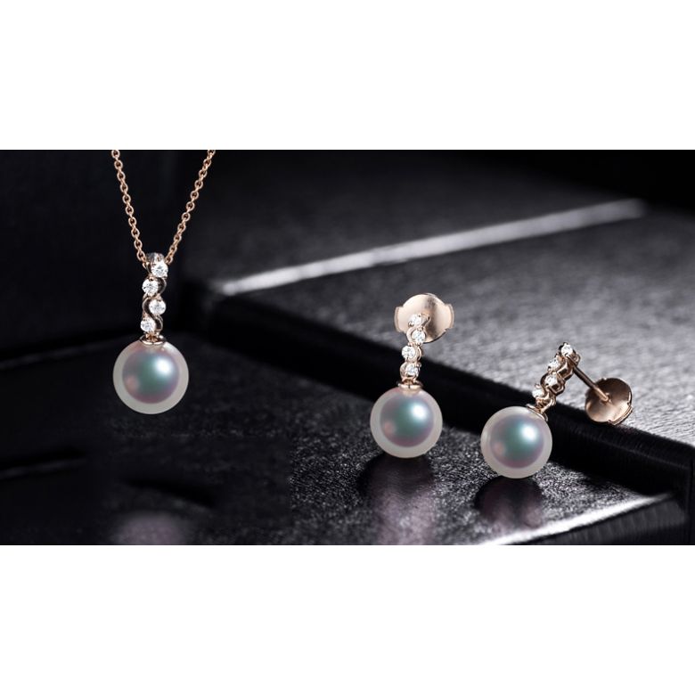 Pendants oreilles Miya. Perles Akoya Japon. Or rose, diamants - 3