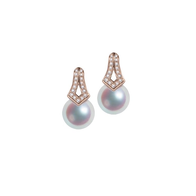 Boucles oreilles perles Japon. Pendants Michiko Or rose, diamants. - 1