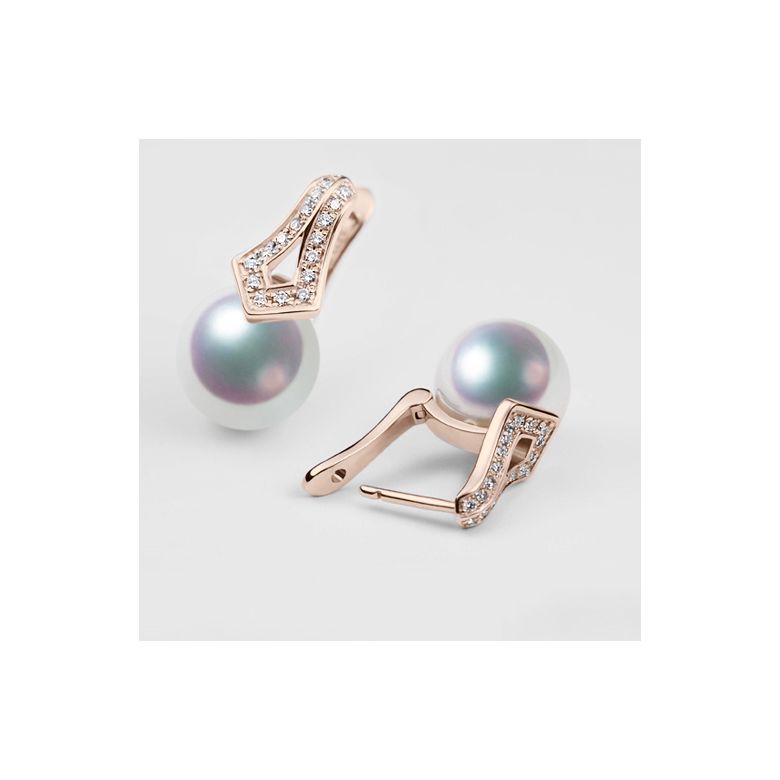 Boucles oreilles perles Japon. Pendants Michiko Or rose, diamants. - 3