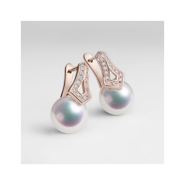 Boucles oreilles perles Japon. Pendants Michiko Or rose, diamants. - 4