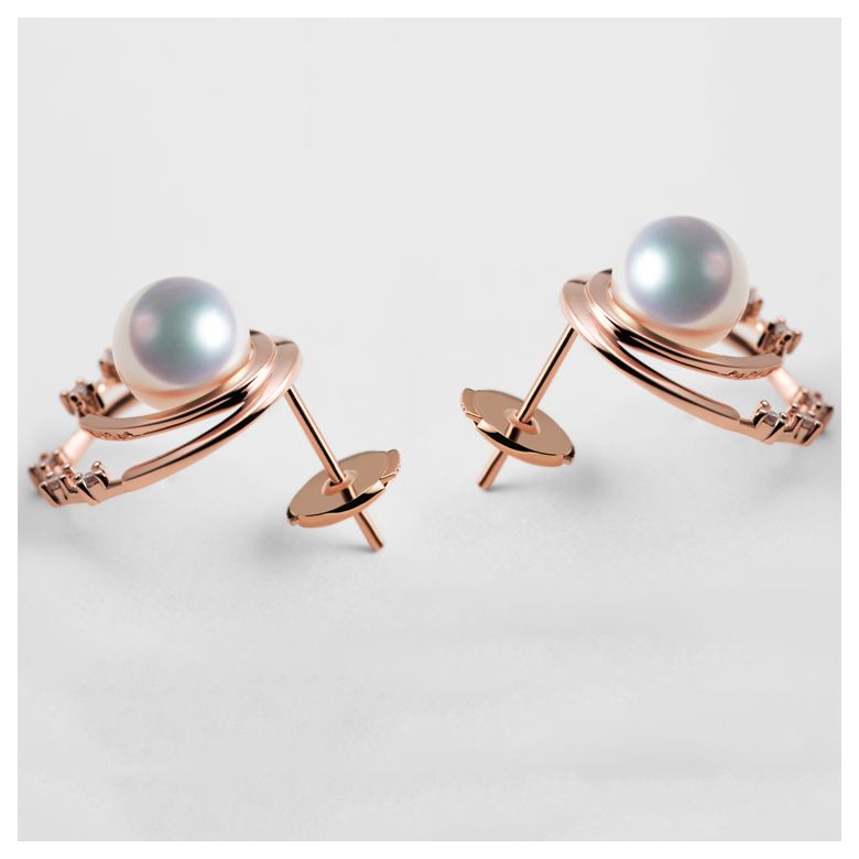 Boucles oreilles perles Akoya, Or rose, diamants. Motif double cercle - 5