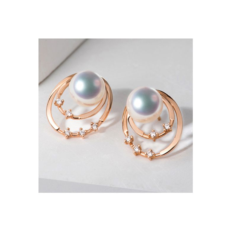 Boucles oreilles perles Akoya, Or rose, diamants. Motif double cercle - 2