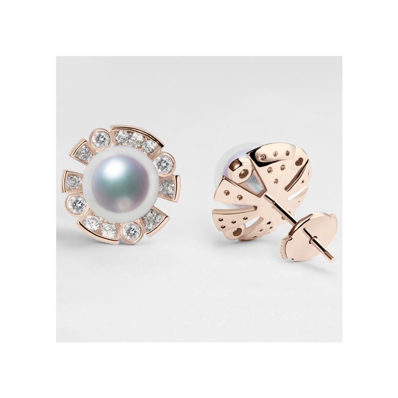 Boucles Oreilles Fleur Luxe. Perles Akoya, Or rose, Diamants - 2