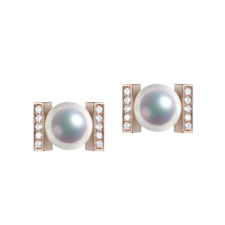 Boucles oreilles modernes forme rail. Or rose, Diamants et Perles Akoya - 1
