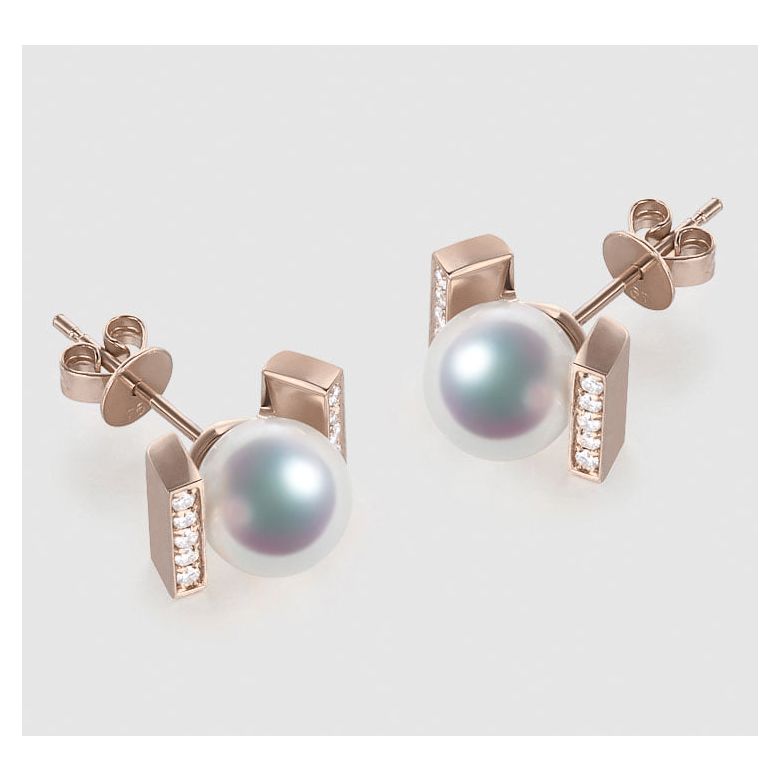 Boucles oreilles modernes forme rail. Or rose, Diamants et Perles Akoya - 3
