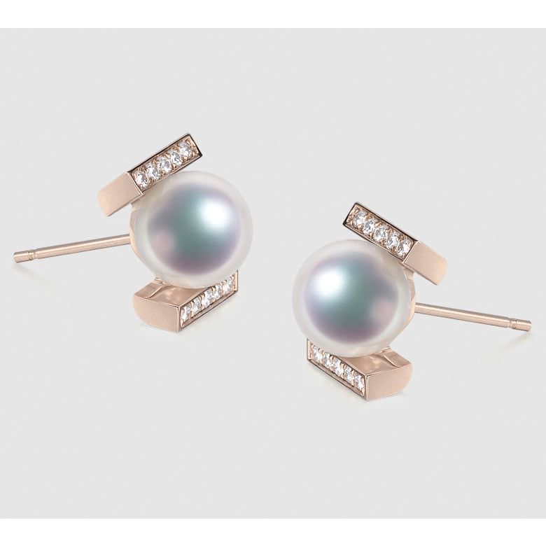 Boucles oreilles modernes forme rail. Or rose, Diamants et Perles Akoya - 4