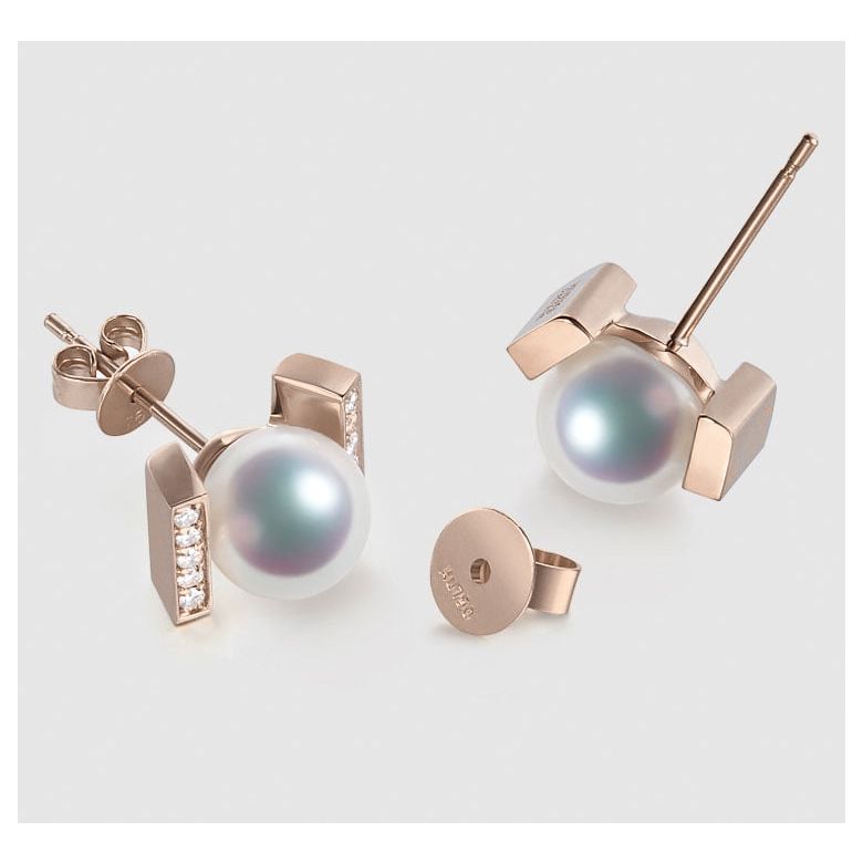 Boucles oreilles modernes forme rail. Or rose, Diamants et Perles Akoya - 5
