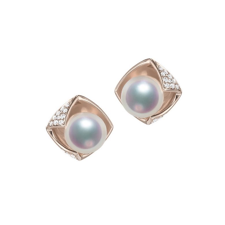 Boucles Oreilles Fukiyose Or rose Perles Akoya Diamants - 1