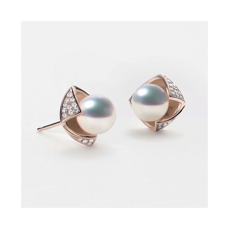 Boucles Oreilles Fukiyose Or rose Perles Akoya Diamants - 2