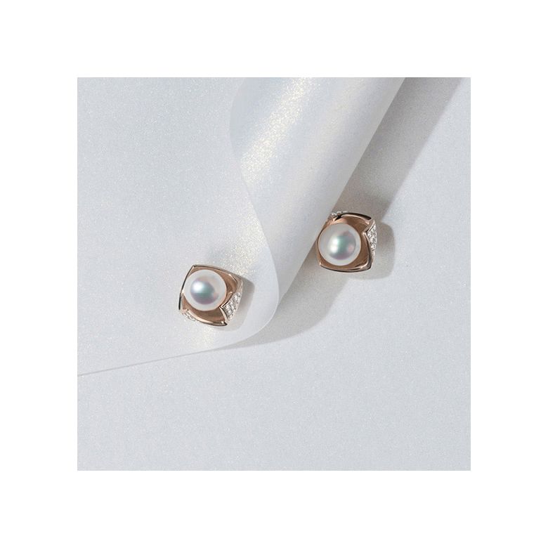 Boucles Oreilles Fukiyose Or rose Perles Akoya Diamants - 6
