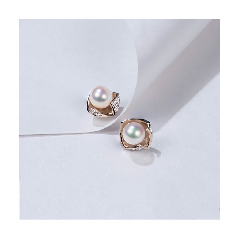 Boucles Oreilles Fukiyose Or rose Perles Akoya Diamants - 9