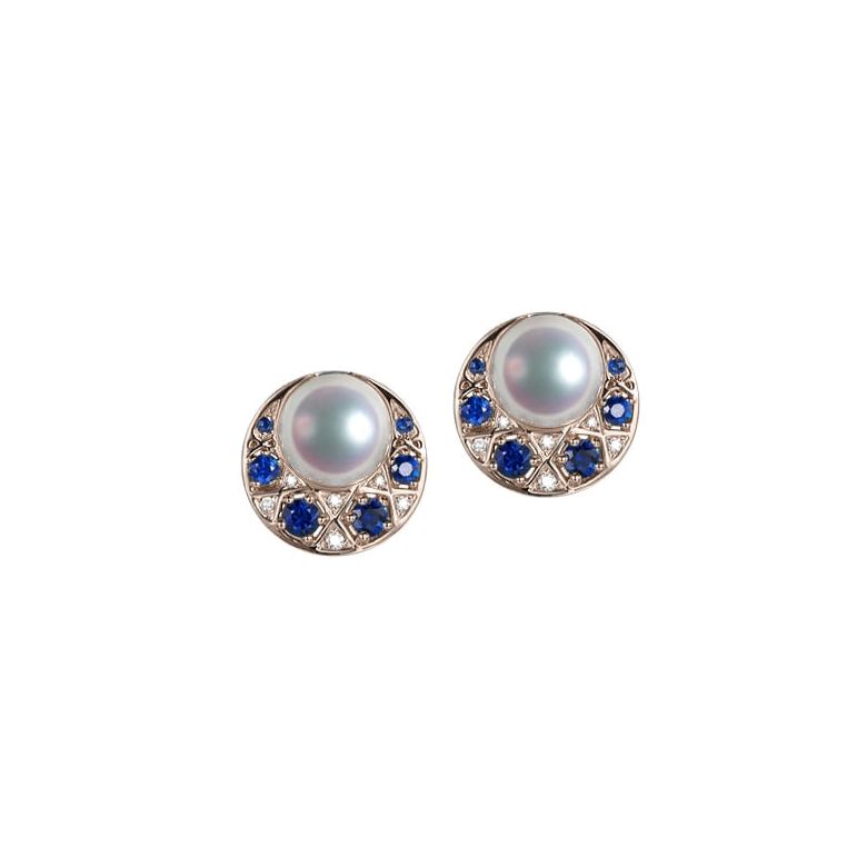 Boucles Oreilles Mikadzuki I Perle Akoya Saphir. Croissant de Lune or rose - 1