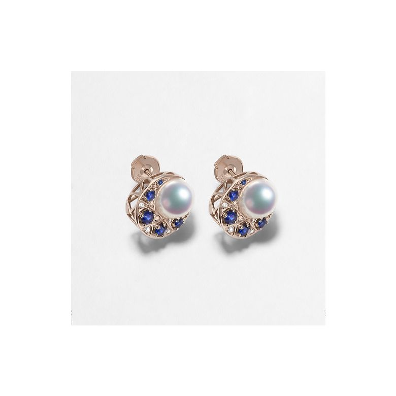 Boucles Oreilles Mikadzuki I Perle Akoya Saphir. Croissant de Lune or rose - 5