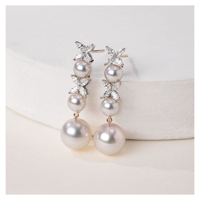Boucles Oreilles Symphonie Nuptiale. Pendants Or rose, diamants, perles Akoya - 1