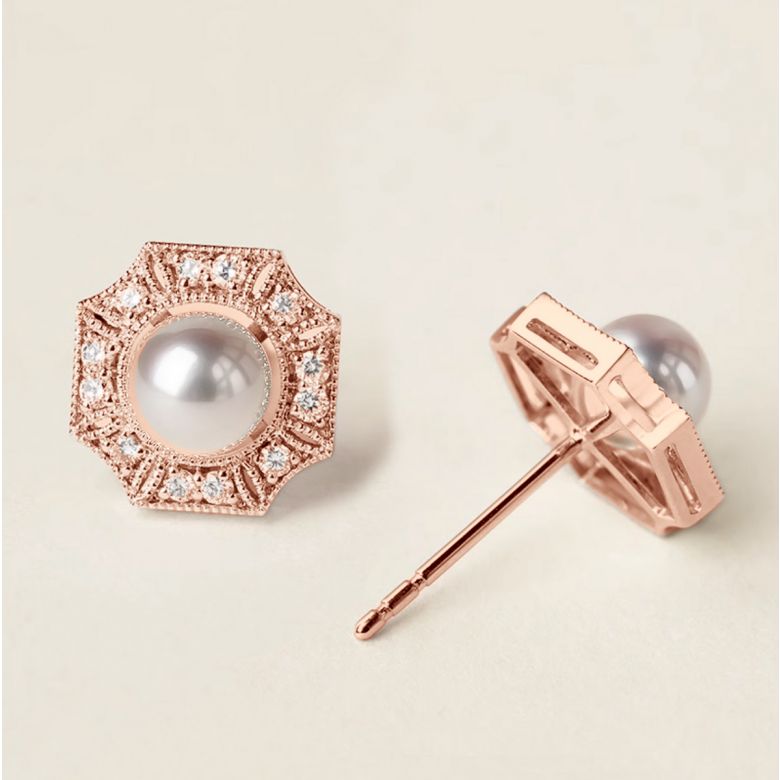Boucles d'Oreilles Géométria Préciosa - Perles Akoya, Diamants, Or rose - 3