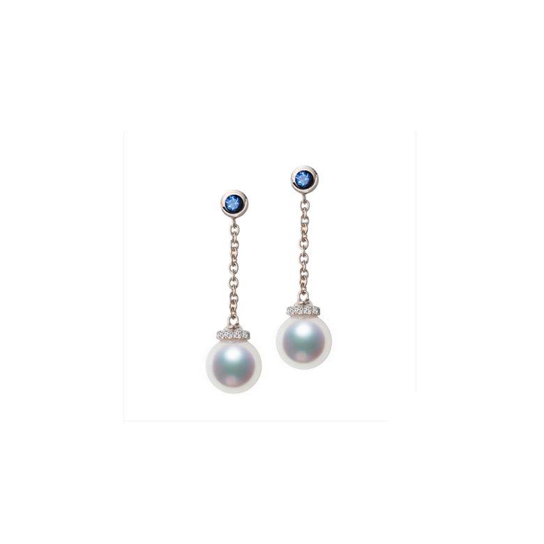Boucles Pendantes Perles Akoya. Or rose, saphirs et diamants - 1