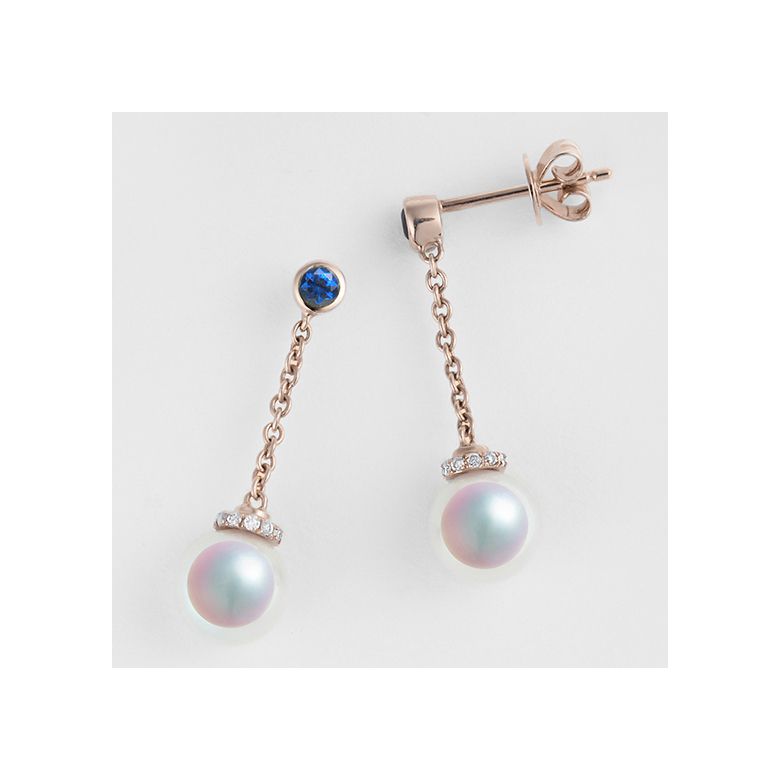Boucles Pendantes Perles Akoya. Or rose, saphirs et diamants - 3