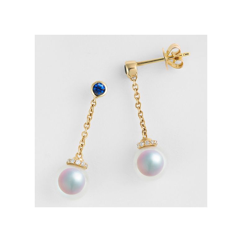 Boucles Pendantes Perles Akoya. Or jaune, saphirs et diamants - 4