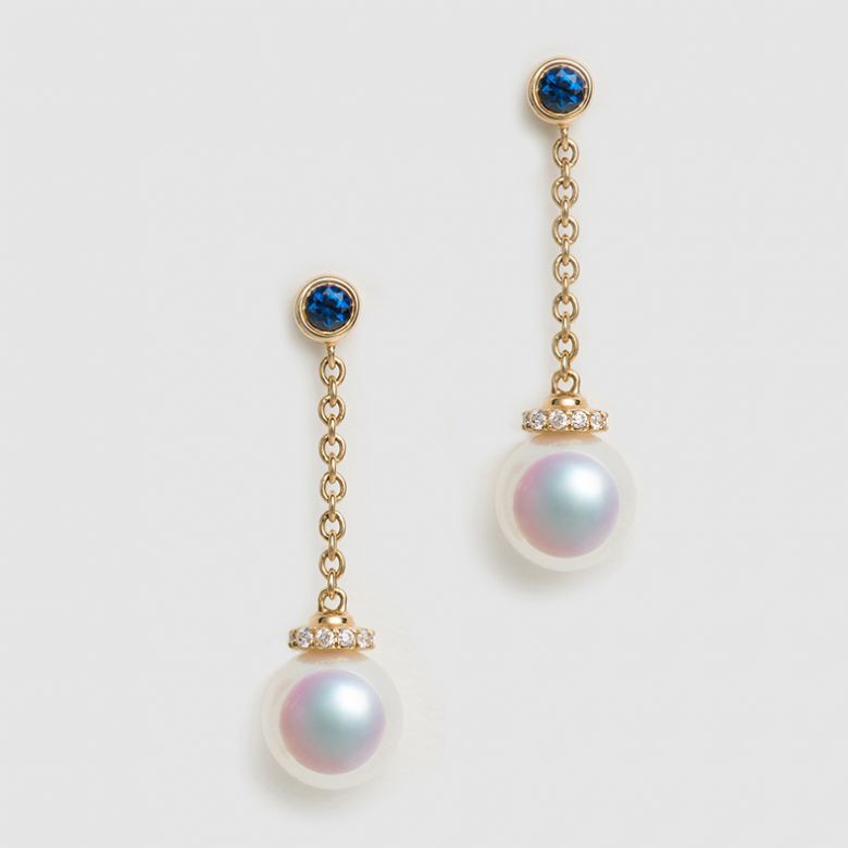 Boucles Pendantes Perles Akoya. Or jaune, saphirs et diamants - 3
