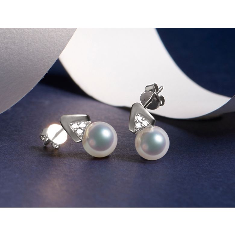 Boucles oreilles triangulaires. Perles Akoya Japon, Or blanc, Diamants - 3