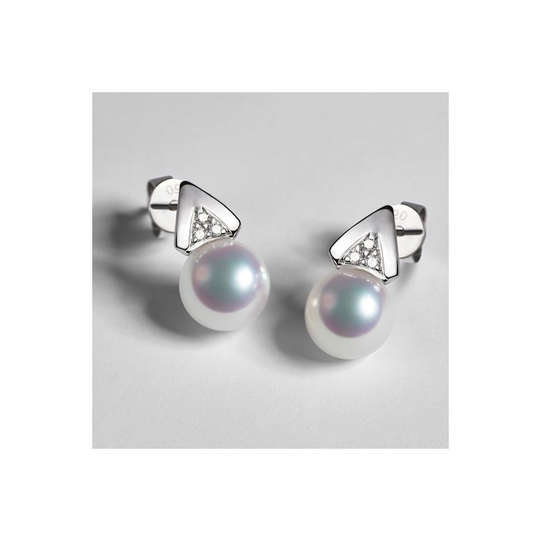 Boucles oreilles triangulaires. Perles Akoya Japon, Or blanc, Diamants - 8