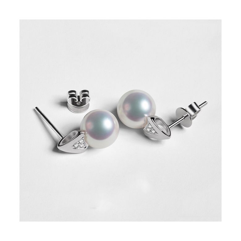 Boucles oreilles triangulaires. Perles Akoya Japon, Or blanc, Diamants - 6