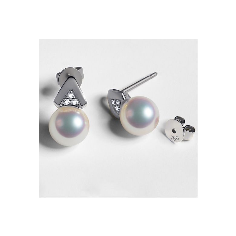 Boucles oreilles triangulaires. Perles Akoya Japon, Or blanc, Diamants - 5