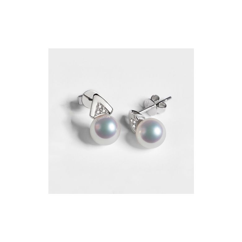 Boucles oreilles triangulaires. Perles Akoya Japon, Or blanc, Diamants - 7