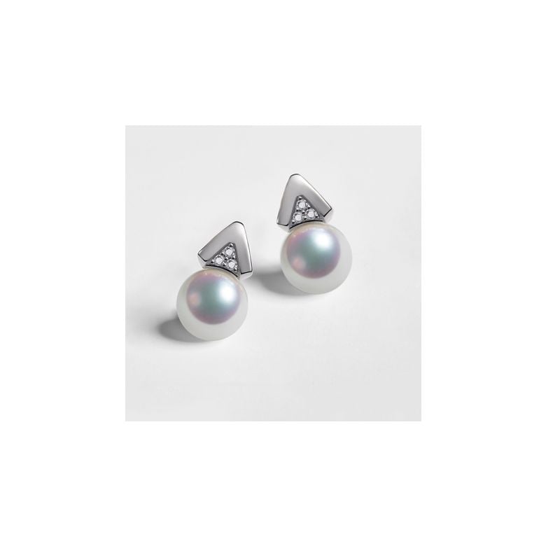Boucles oreilles triangulaires. Perles Akoya Japon, Or blanc, Diamants - 1