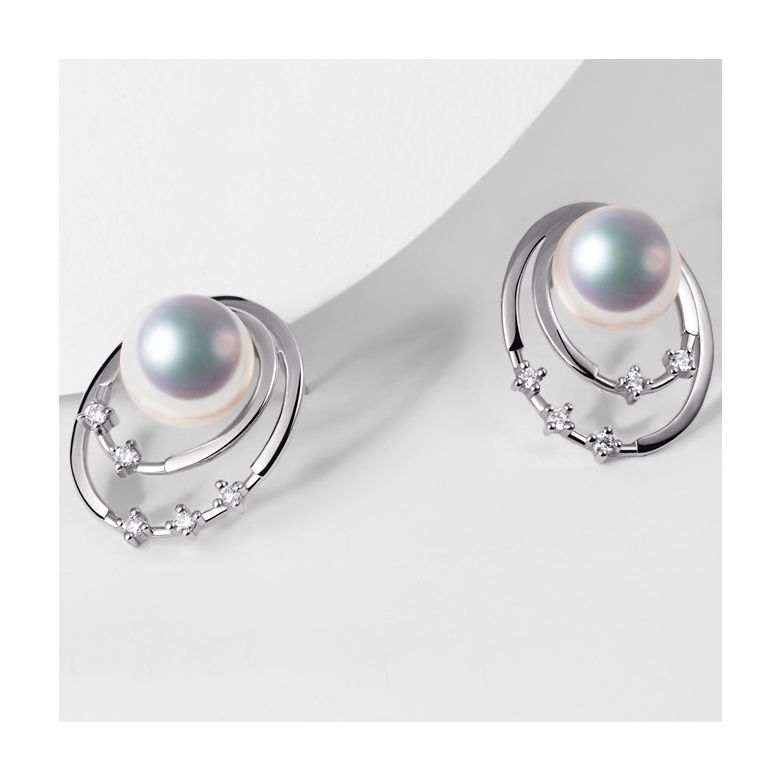 Boucles oreilles perles Akoya, Or blanc, diamants. Motif double cercle - 4