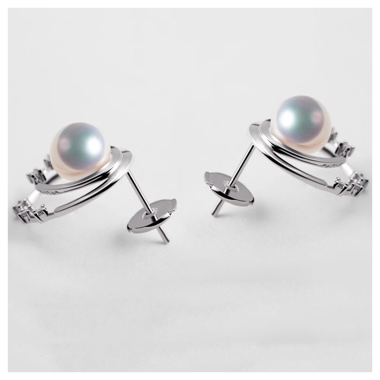 Boucles oreilles perles Akoya, Or blanc, diamants. Motif double cercle - 5