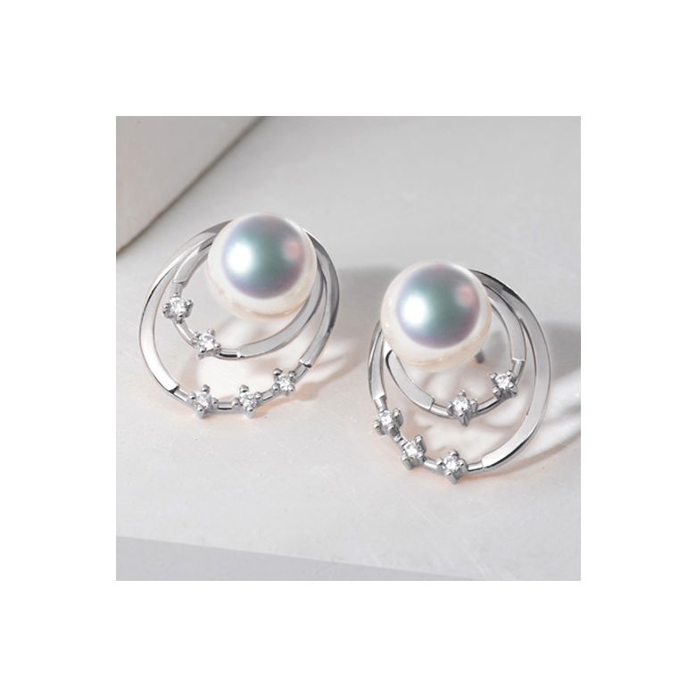 Pendentif et Boucles Kaneo. Perles Akoya, Or blanc, diamants. Motifs cerclés - 3