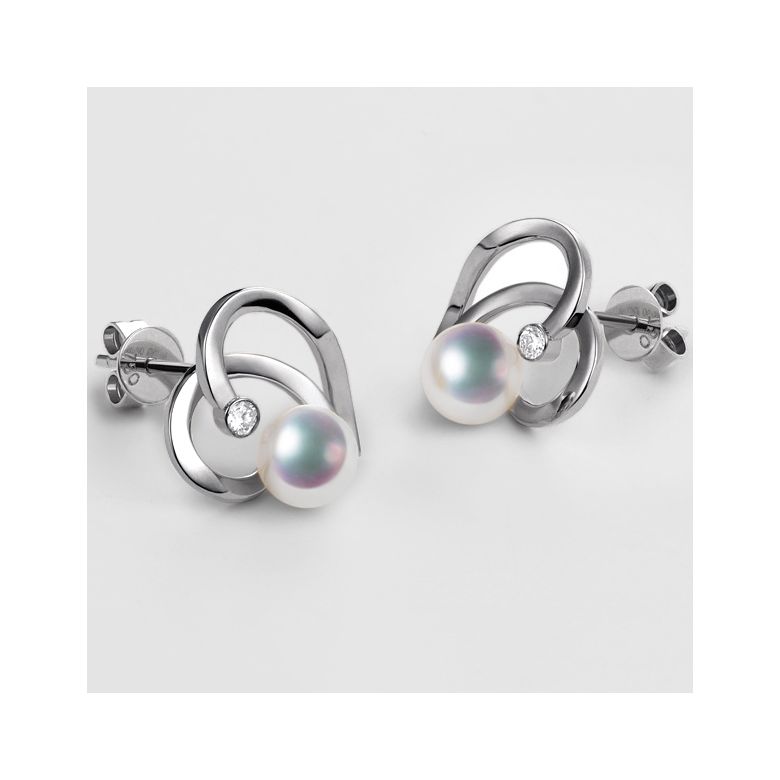 Boucles Coeur contemporain Or blanc. Perles Akoya, Diamants.  - 4