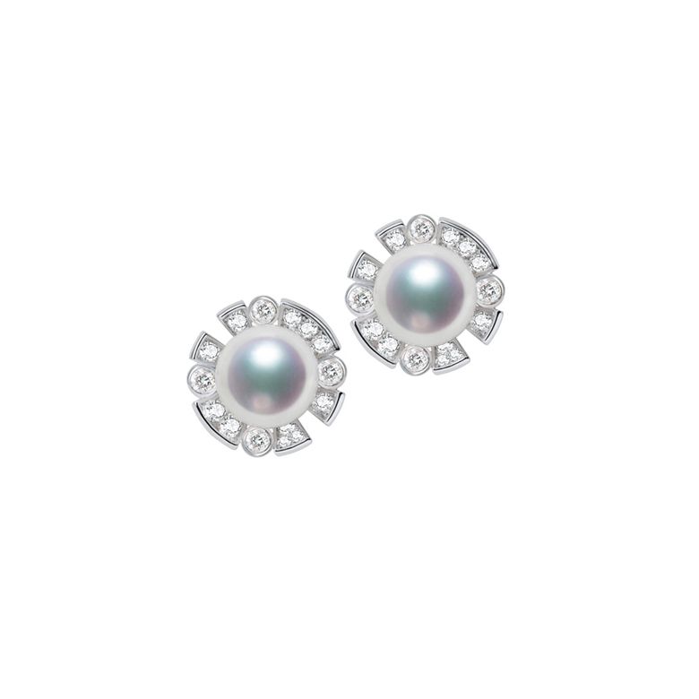 Boucles Oreilles Fleur Luxe. Perles Akoya, Or blanc, Diamants - 1