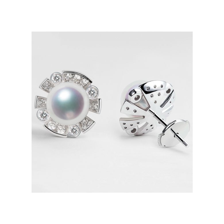 Boucles Oreilles Fleur Luxe. Perles Akoya, Or blanc, Diamants - 2