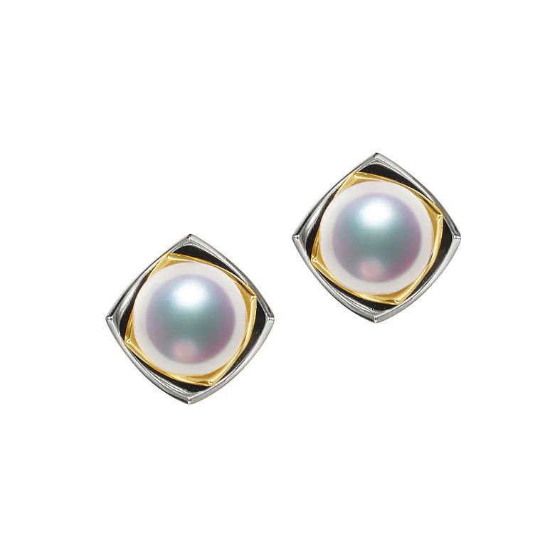 Boucles Oreilles Lotus du Japon. Perle Akoya et Or Blanc et Jaune - 1