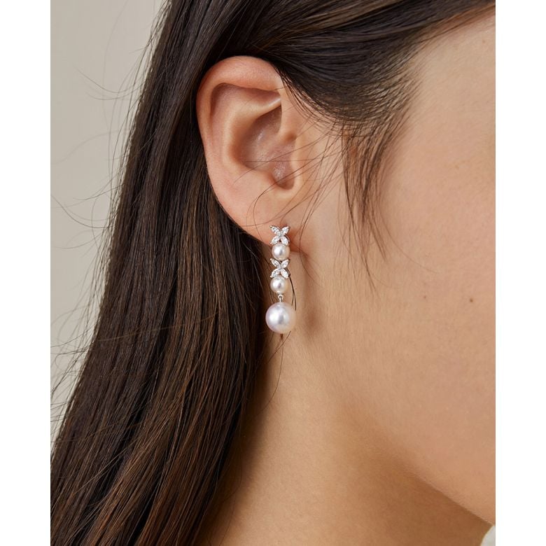 Boucles Oreilles Symphonie Nuptiale. Pendants Or blanc, diamants, perles Akoya - 7