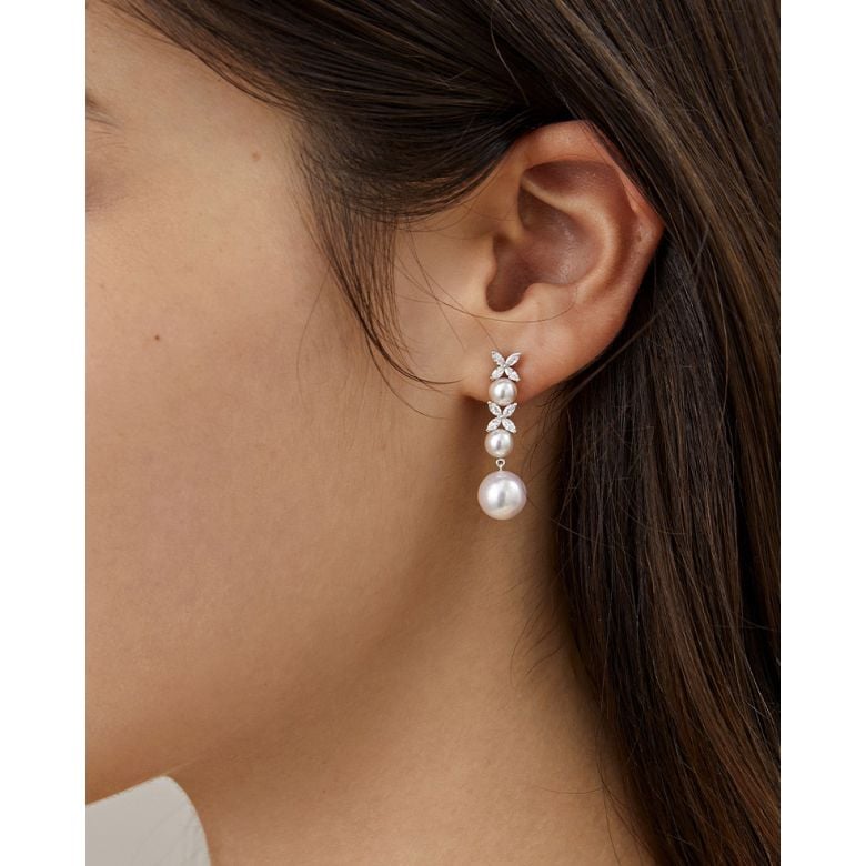 Boucles Oreilles Symphonie Nuptiale. Pendants Or blanc, diamants, perles Akoya - 8