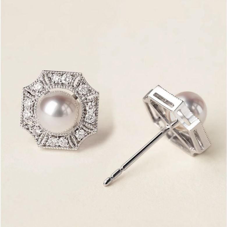 Boucles d'Oreilles Géométria Préciosa - Perles Akoya, Diamants, Or blanc - 3